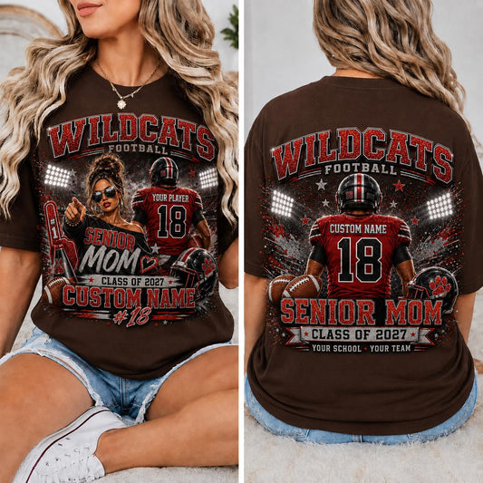 Personalized Football Senior Mom Shirt Front and Back, Game Day Mom Tee, Custom Player Name Number, Class of 2027, Glitter Effect