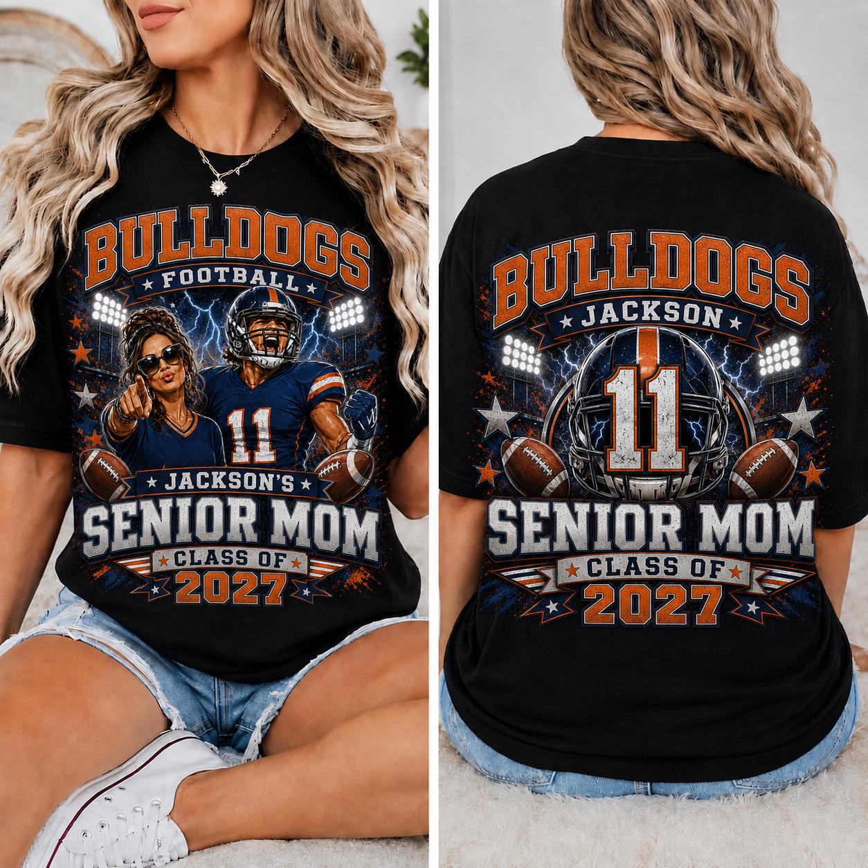 Personalized Football Senior Mom Shirt Front and Back, Game Day Mom Tee, Custom Player Name Number, Class of 2027, Glitter Effect