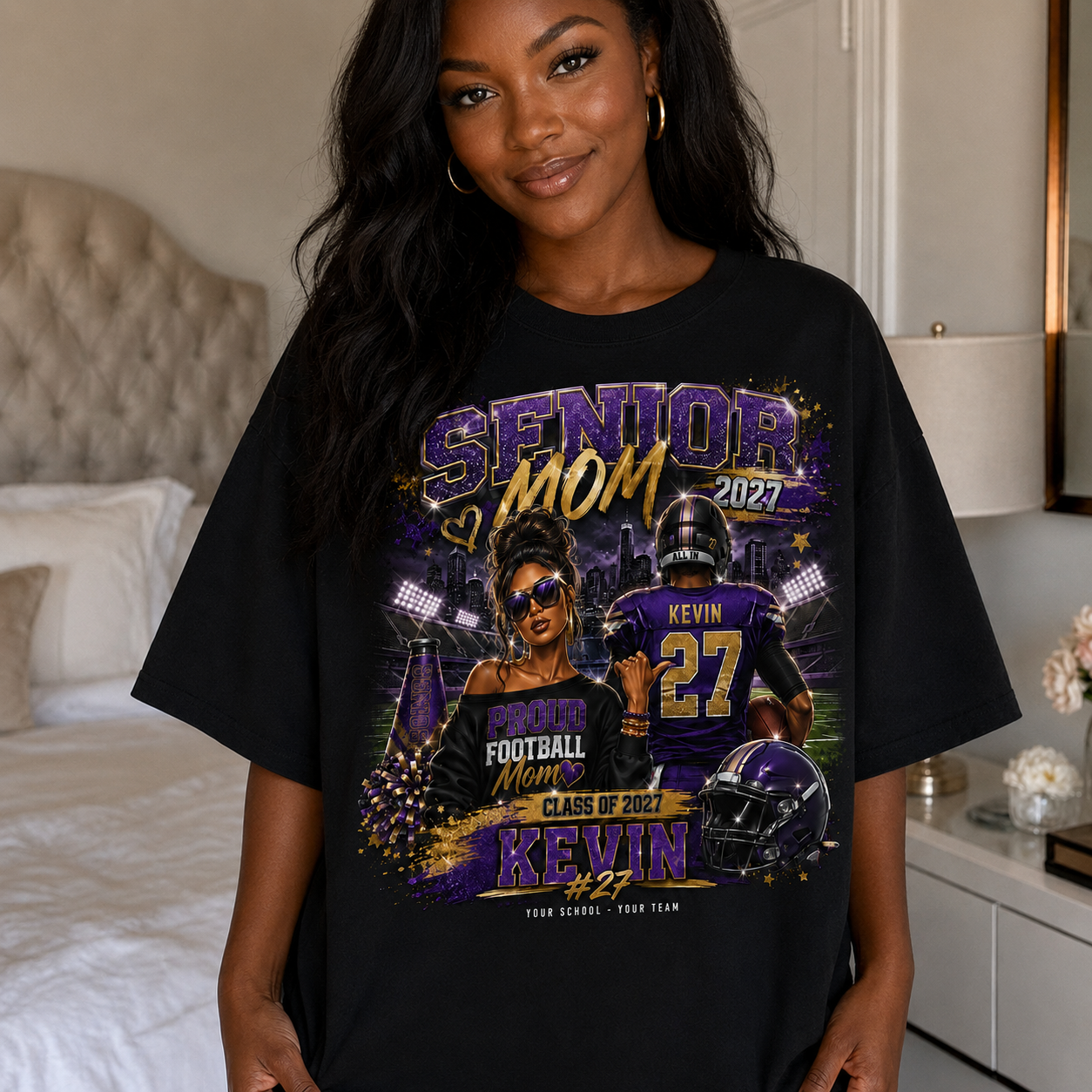 Personalized Football Senior Mom Shirt Front and Back, Game Day Mom Tee, Custom Player Name Number, Class of 2027, Glitter Effect