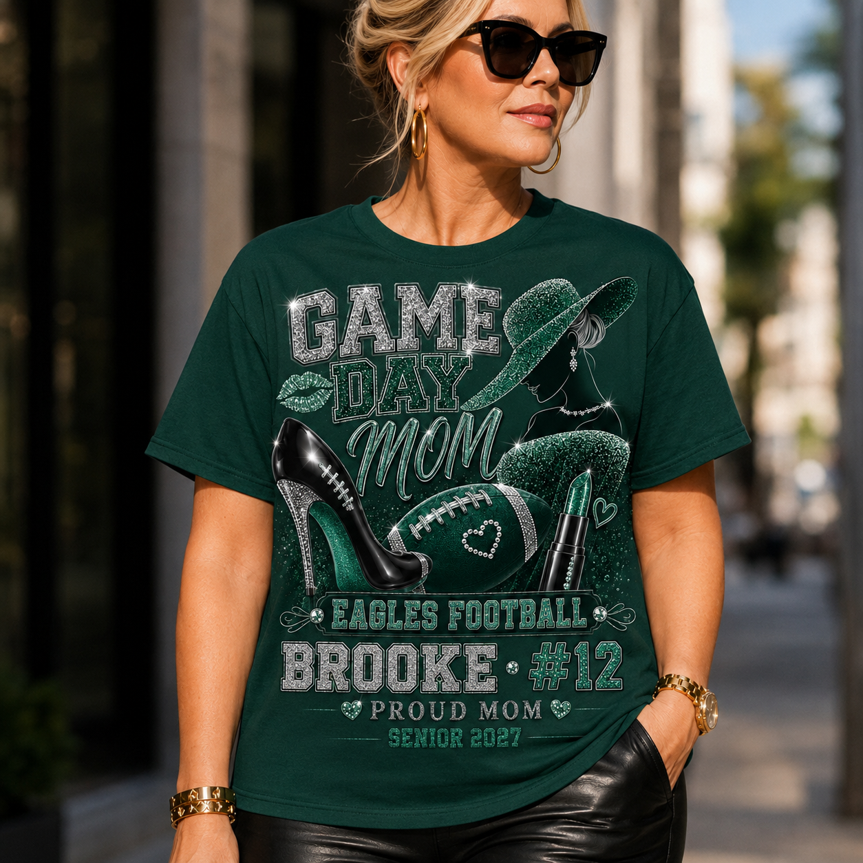 Personalized Football Mom Shirt, Custom Player Name Number, Game Day Mom Tee, Senior 2027 Football Shirt, Glitter Effect Gift
