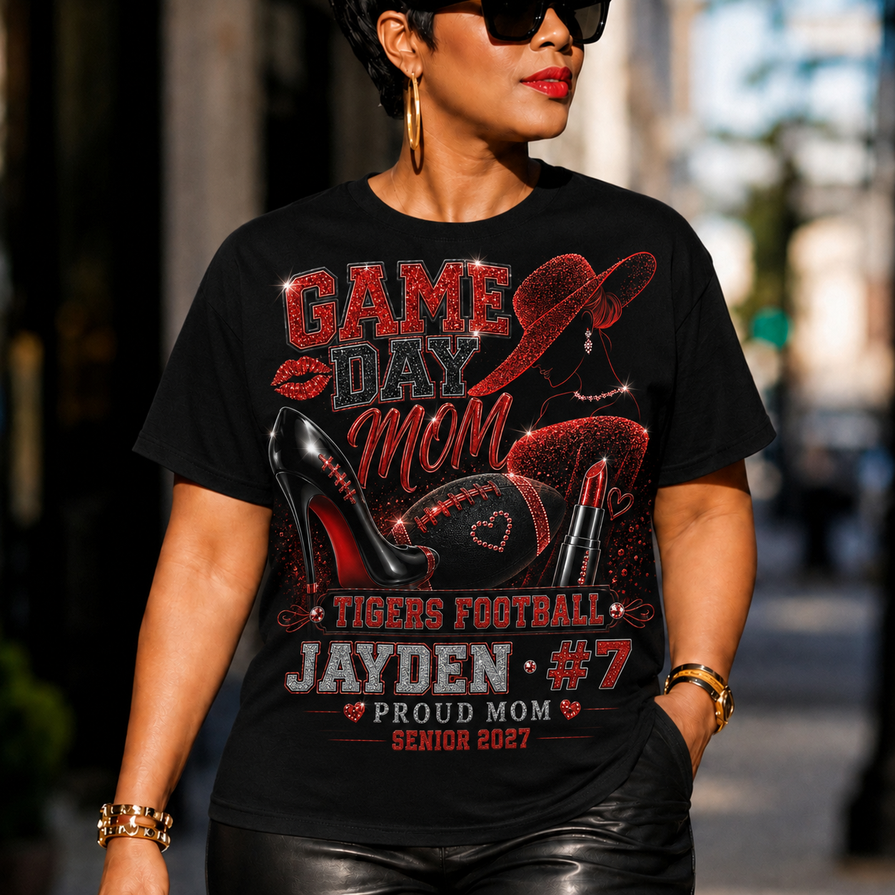 Personalized Football Mom Shirt, Custom Player Name Number, Game Day Mom Tee, Senior 2027 Football Shirt, Glitter Effect Gift