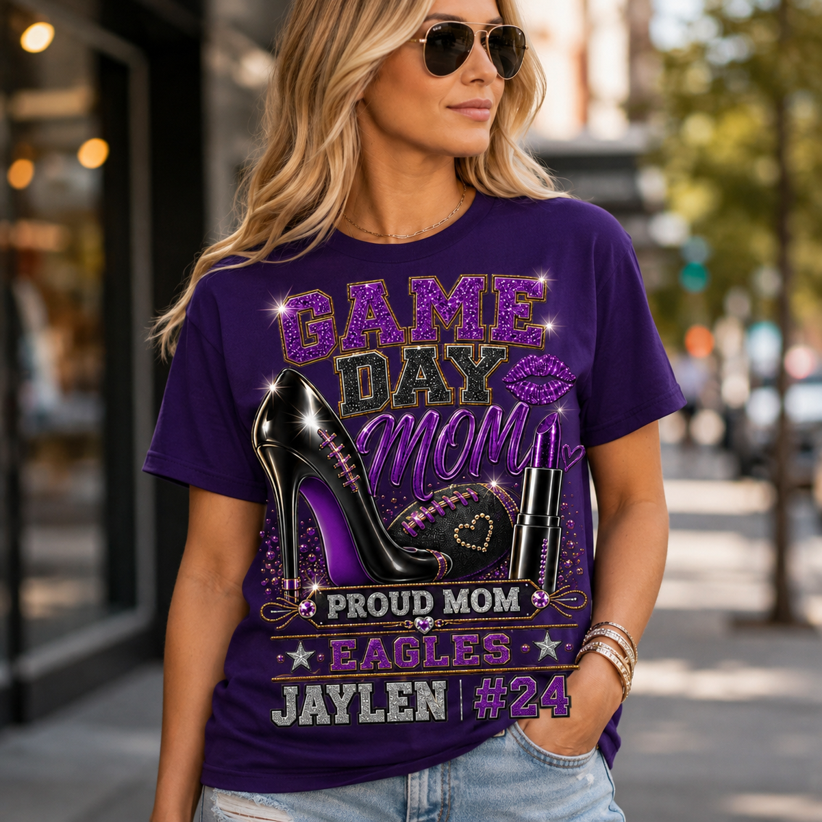 Personalized Football Mom Shirt, Custom Player Name Number, Game Day Mom Tee, Senior 2027 Football Shirt, Glitter Effect Gift