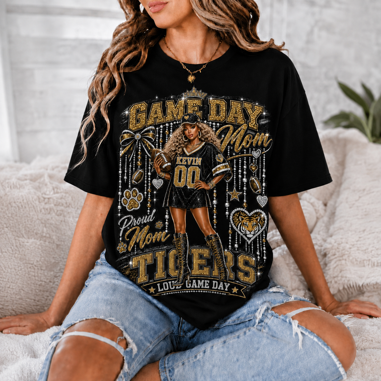 Personalized Game Day Mom Shirt, Custom Football Mom Tee, Player Name Number Team Shirt, Glitter Effect Proud Mom Gift