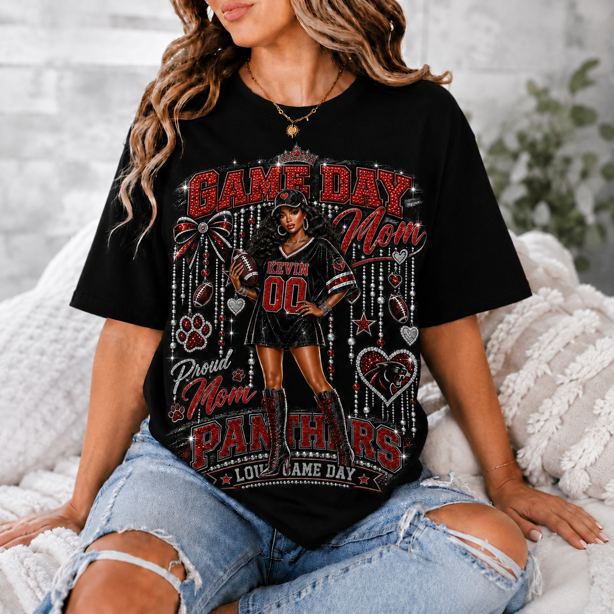 Personalized Game Day Mom Shirt, Custom Football Mom Tee, Player Name Number Team Shirt, Glitter Effect Proud Mom Gift