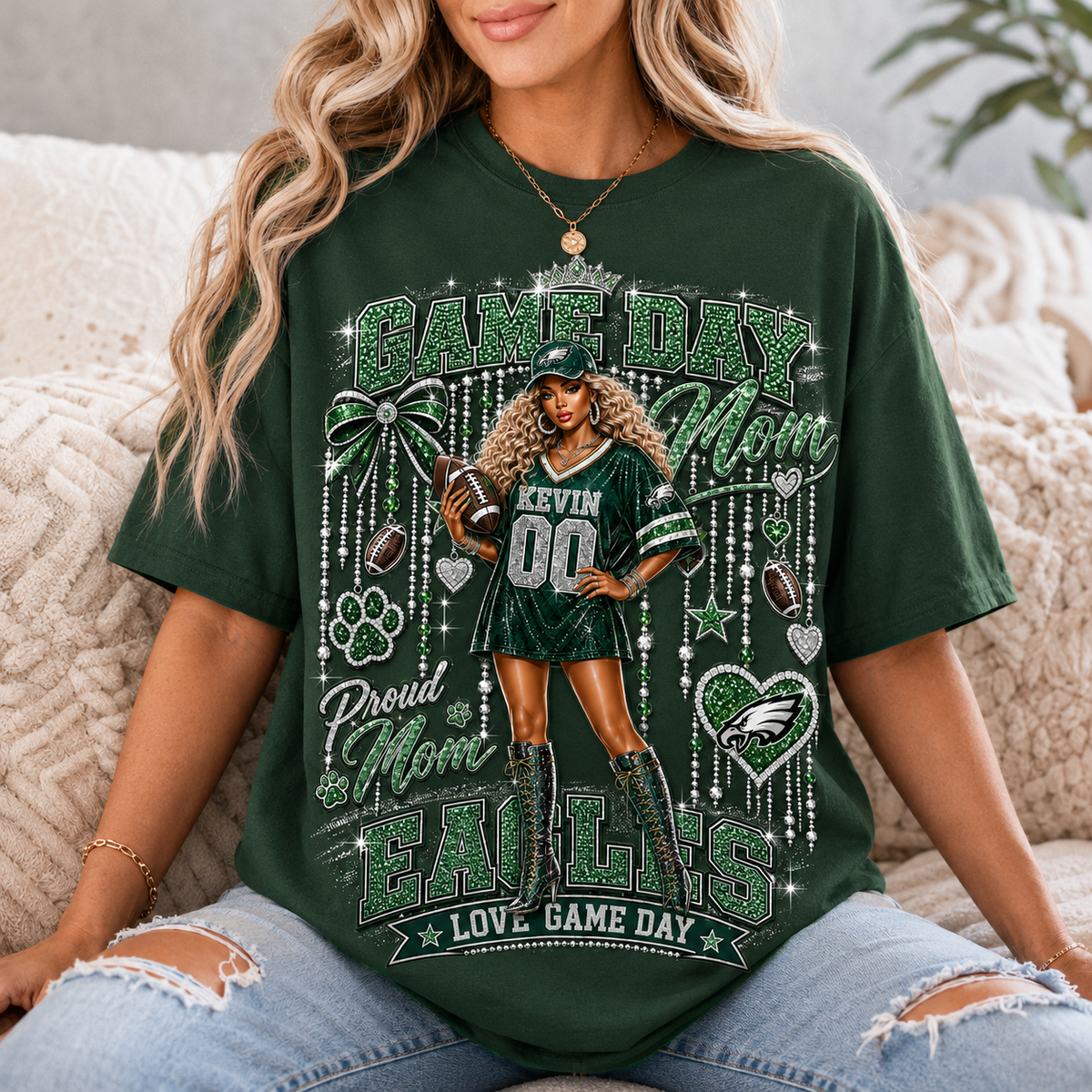 Personalized Game Day Mom Shirt, Custom Football Mom Tee, Player Name Number Team Shirt, Glitter Effect Proud Mom Gift