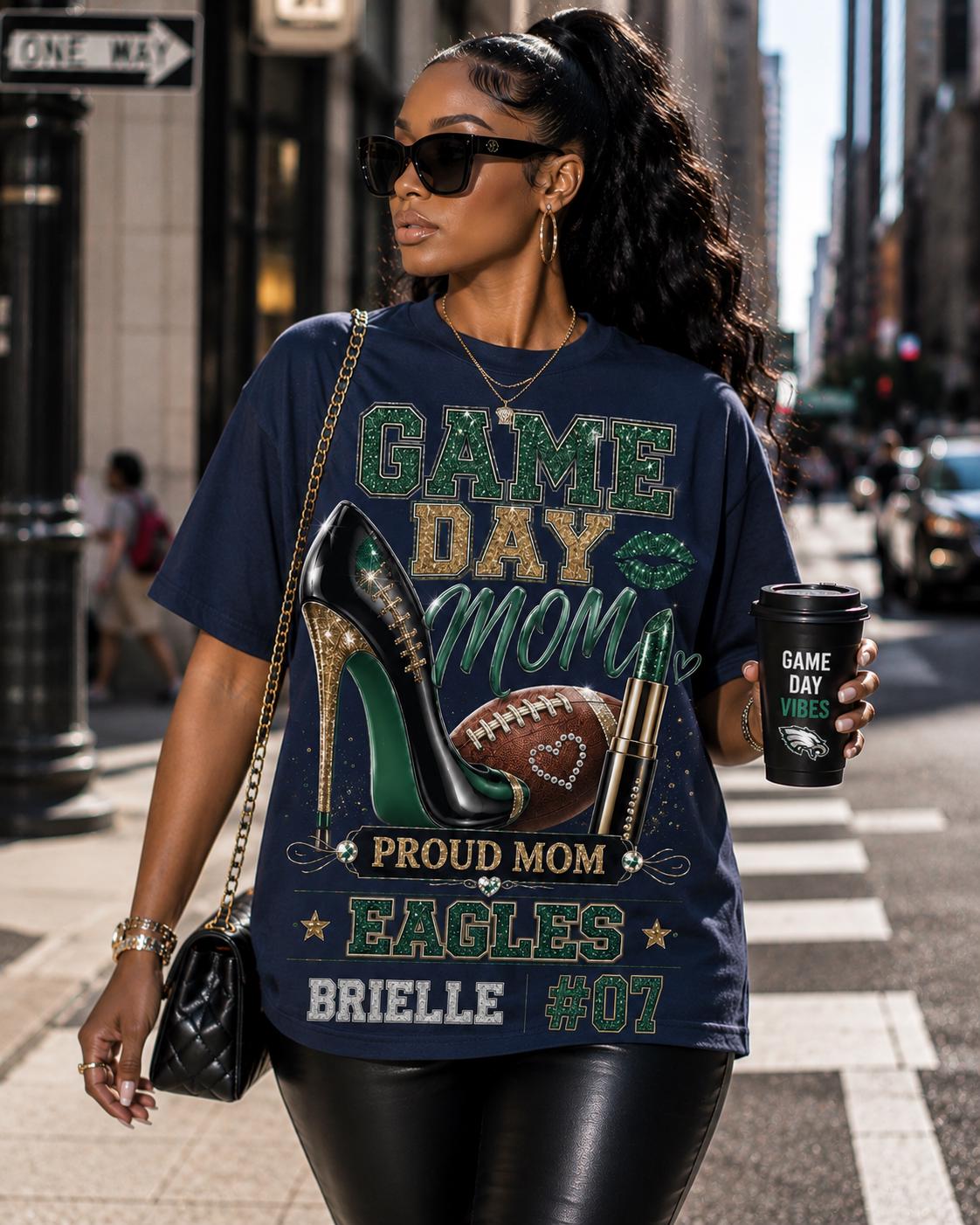 Personalized Game Day Mom Shirt, Custom Football Mom Tee, Player Name Number Shirt, Glitter Effect Proud Mom Football T-Shirt