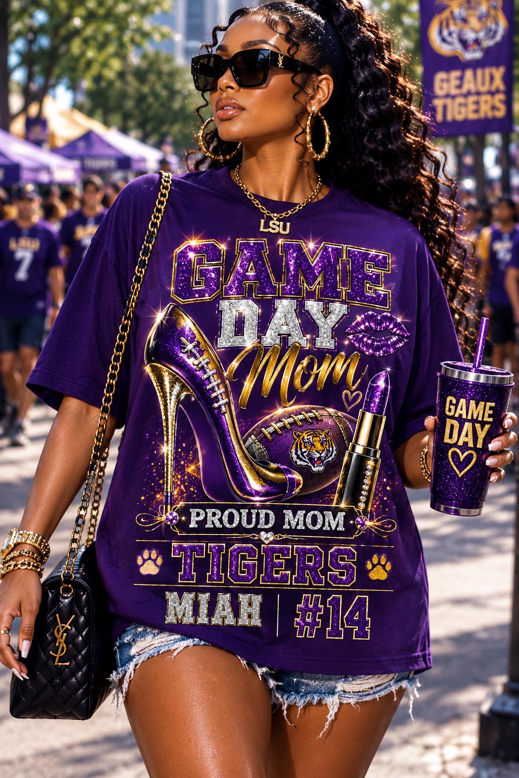 Personalized Game Day Mom Shirt, Custom Football Mom Tee, Player Name Number Shirt, Glitter Effect Proud Mom Football T-Shirt