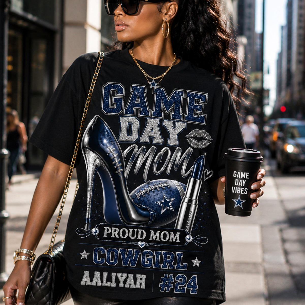 Personalized Game Day Mom Shirt, Custom Football Mom Tee, Player Name Number Shirt, Glitter Effect Proud Mom Football T-Shirt