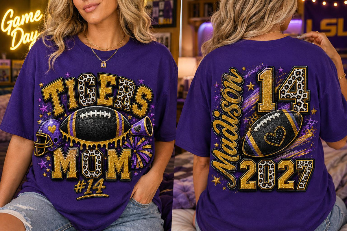 Personalized Football Mom Shirt, Custom Player Name Number, Game Day Glitter Effect Tee, Senior Mom 2027, Front Back Football Shirt