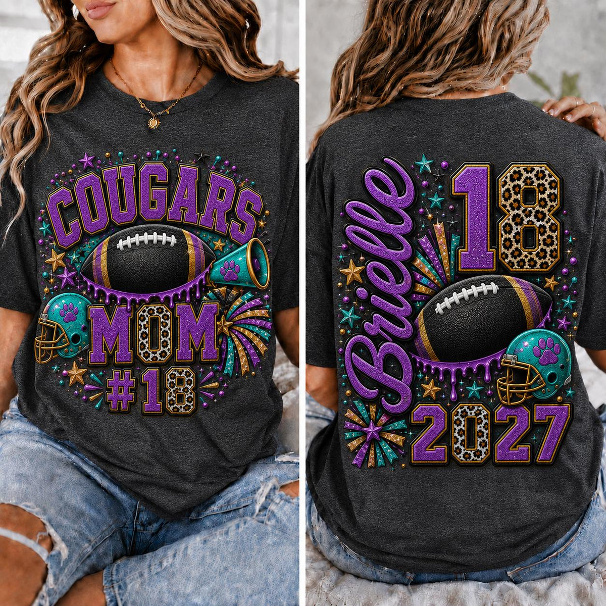 Personalized Football Mom Shirt, Custom Player Name Number, Game Day Glitter Effect Tee, Senior Mom 2027, Front Back Football Shirt
