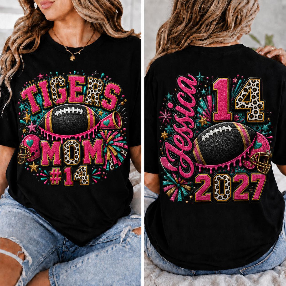 Personalized Football Mom Shirt, Custom Player Name Number, Game Day Glitter Effect Tee, Senior Mom 2027, Front Back Football Shirt