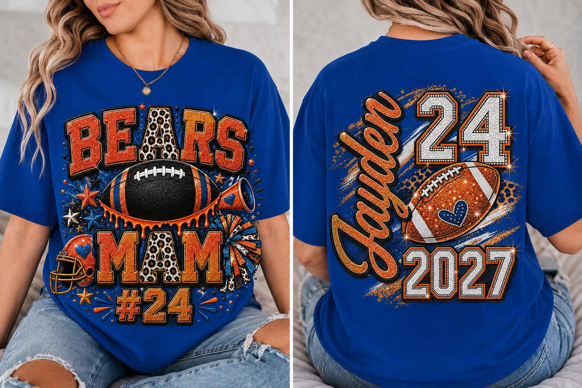 Personalized Football Mom Shirt, Custom Player Name Number, Game Day Glitter Effect Tee, Senior Mom 2027, Front Back Football Shirt