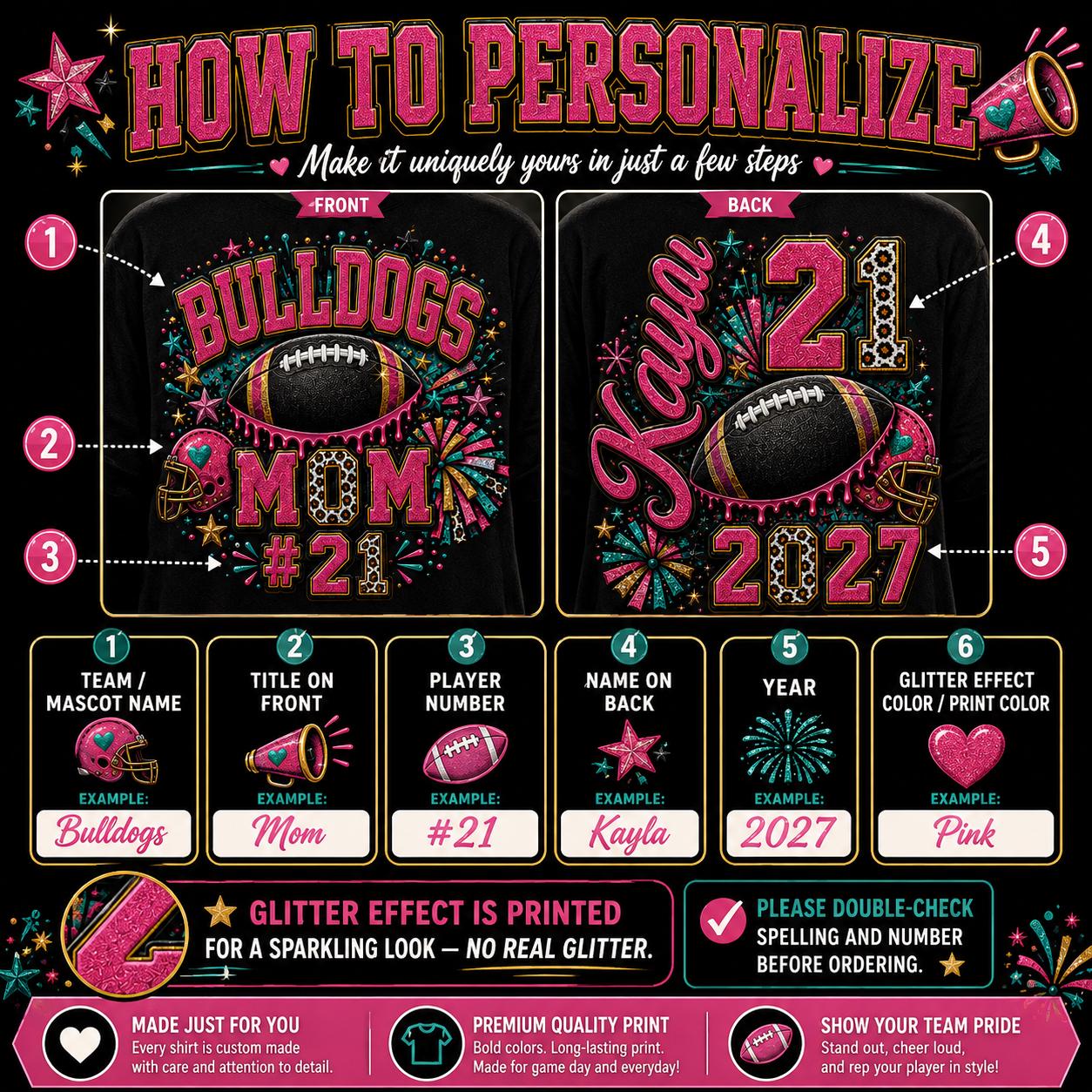 Personalized Football Mom Shirt, Custom Player Name Number, Game Day Glitter Effect Tee, Senior Mom 2027, Front Back Football Shirt
