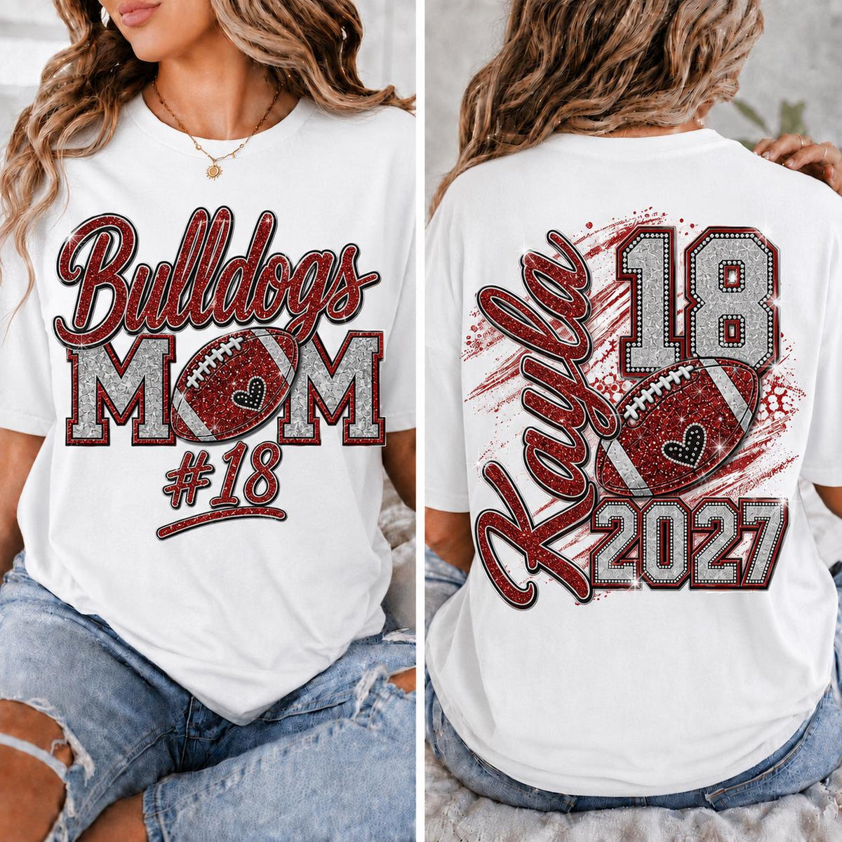 Personalized Football Mom Shirt, Custom Player Name Number, Game Day Mom Tee, Senior Football Mom, Glitter Effect Front Back