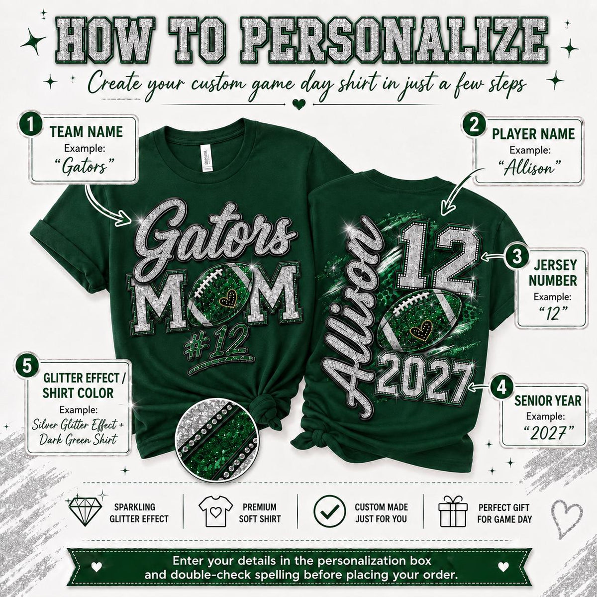 Personalized Football Mom Shirt, Custom Player Name Number, Game Day Mom Tee, Senior Football Mom, Glitter Effect Front Back