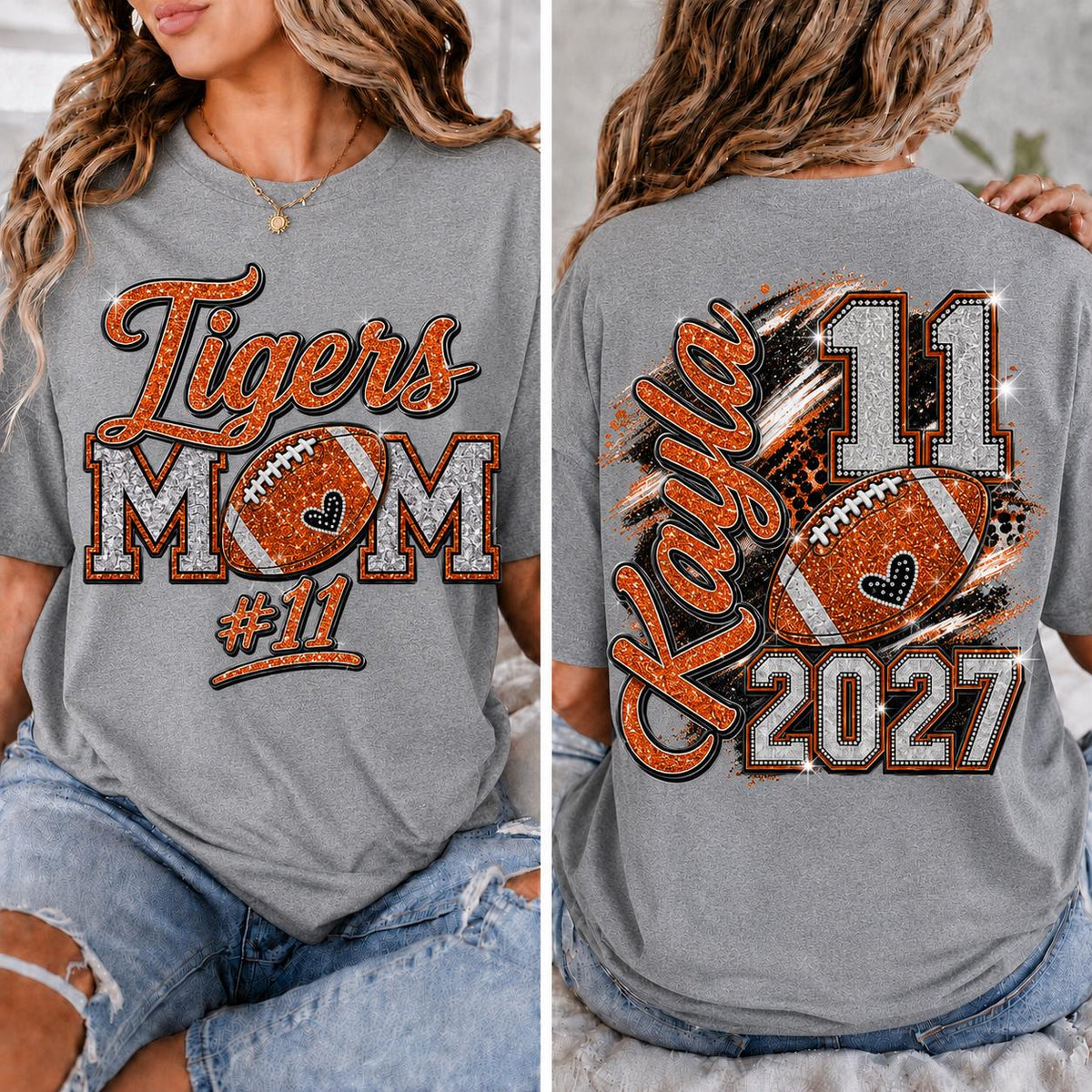 Personalized Football Mom Shirt, Custom Player Name Number, Game Day Mom Tee, Senior Football Mom, Glitter Effect Front Back