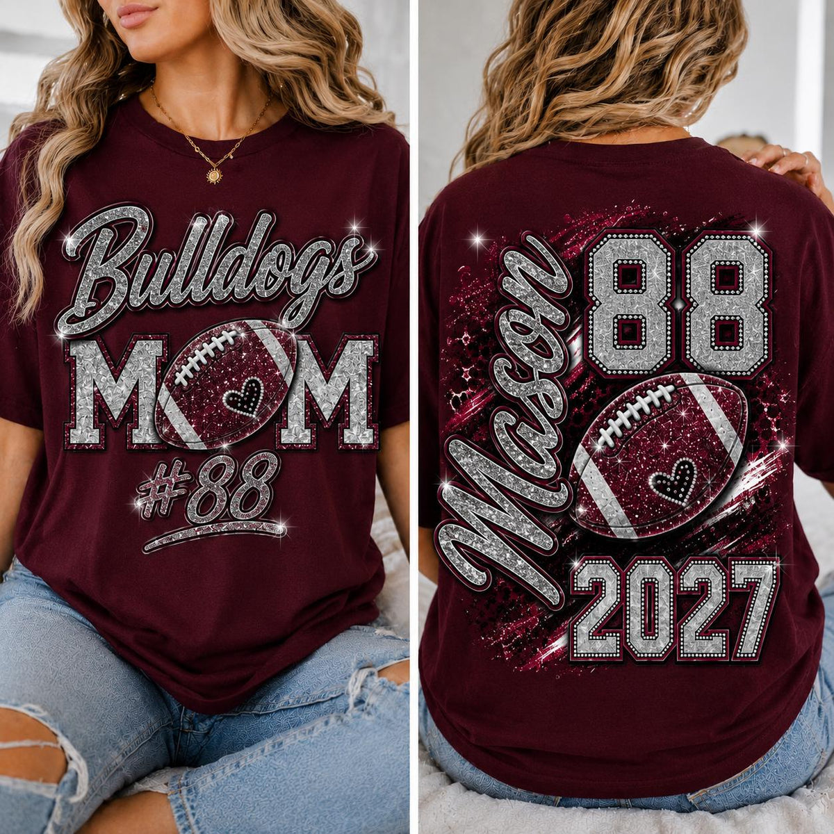 Personalized Football Mom Shirt, Custom Player Name Number, Game Day Mom Tee, Senior Football Mom, Glitter Effect Front Back