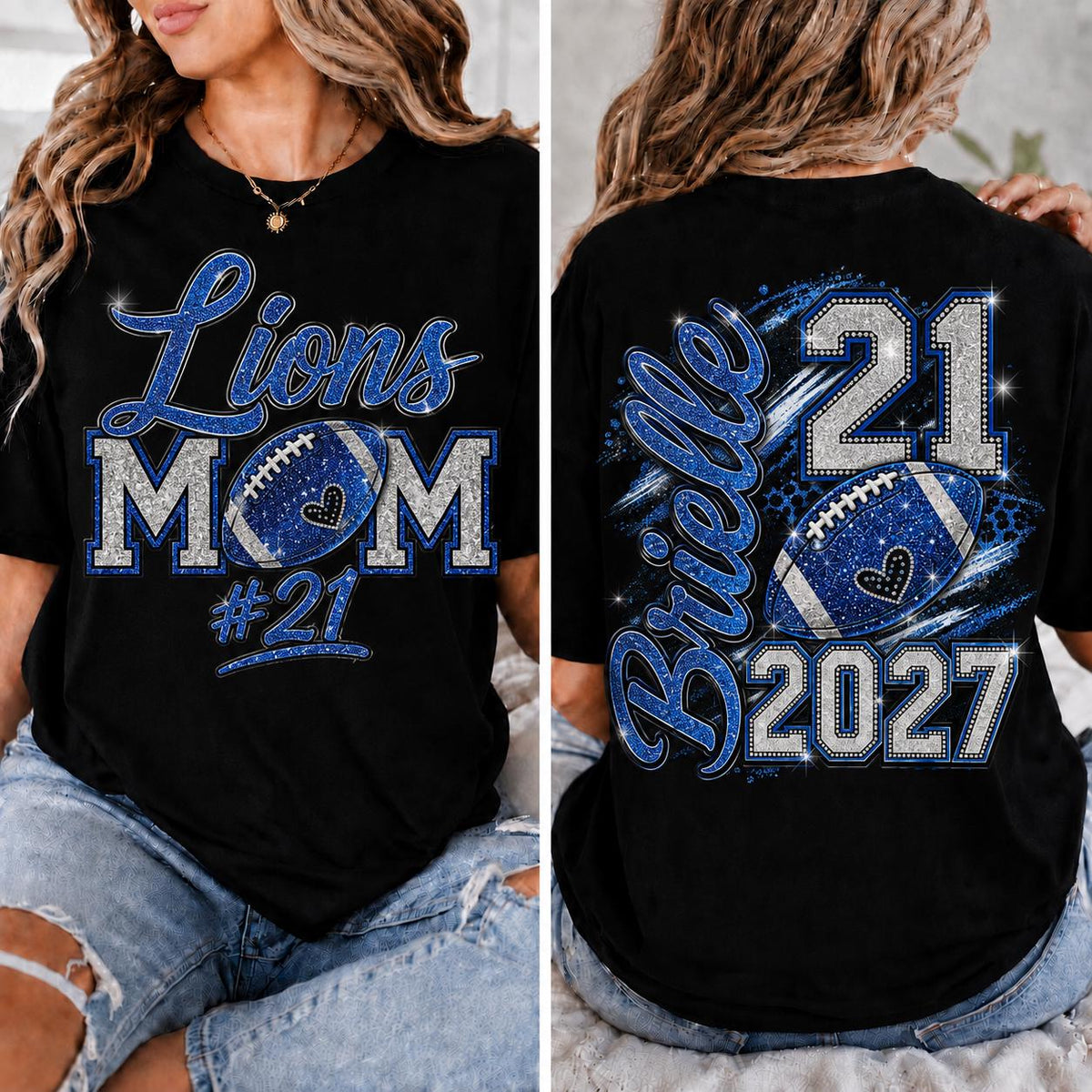 Personalized Football Mom Shirt, Custom Player Name Number, Game Day Mom Tee, Senior Football Mom, Glitter Effect Front Back