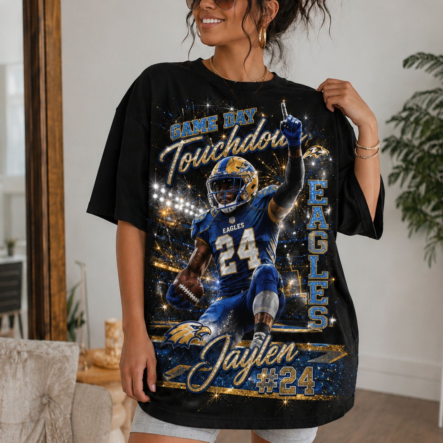 Personalized Football Mom Shirt, Custom Player Photo Name Number, Game Day Glitter Effect Tee, Front Back Football Shirt