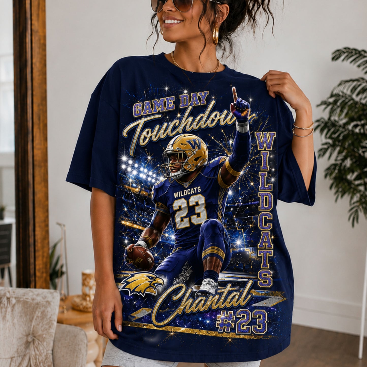 Personalized Football Mom Shirt, Custom Player Photo Name Number, Game Day Glitter Effect Tee, Front Back Football Shirt