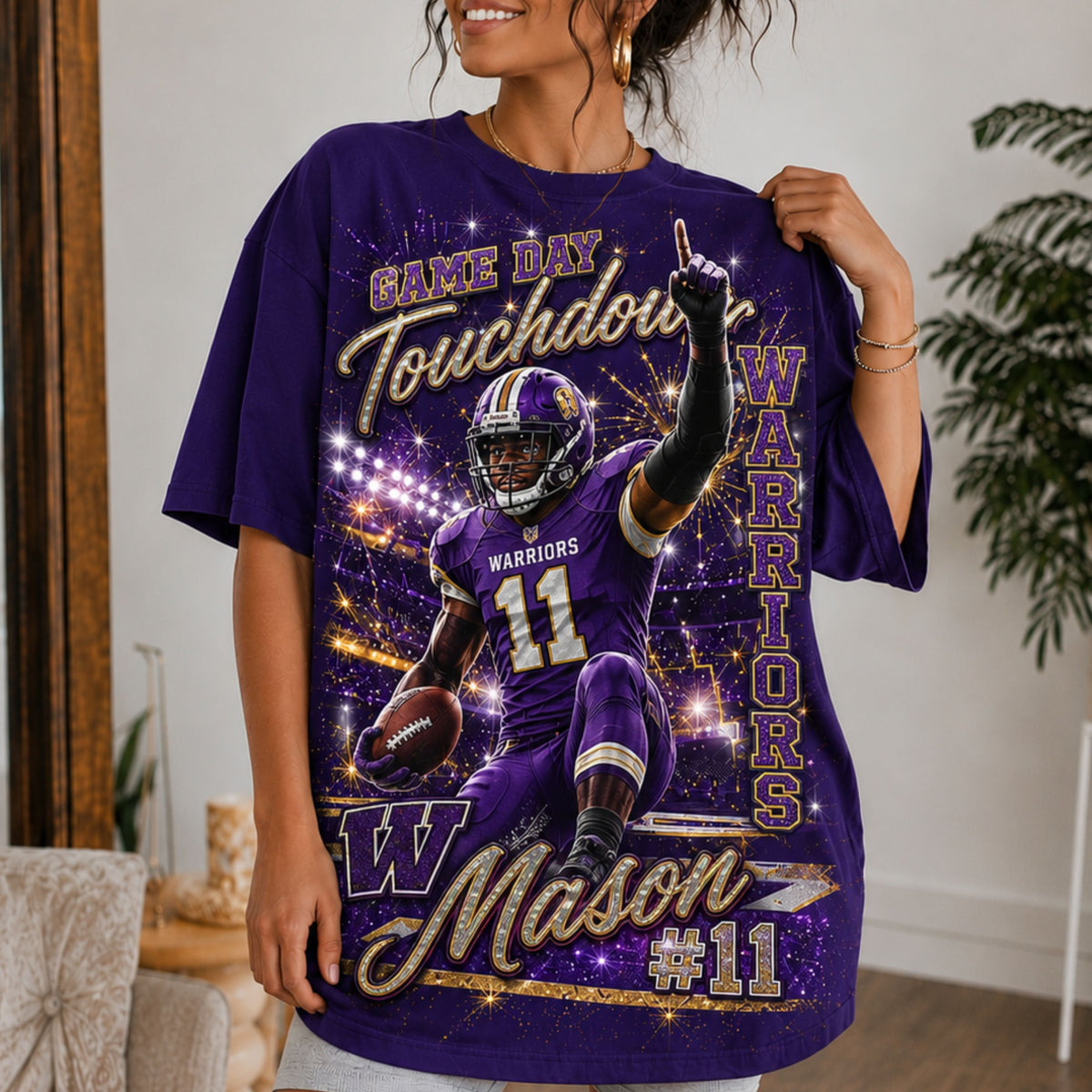 Personalized Football Mom Shirt, Custom Player Photo Name Number, Game Day Glitter Effect Tee, Front Back Football Shirt