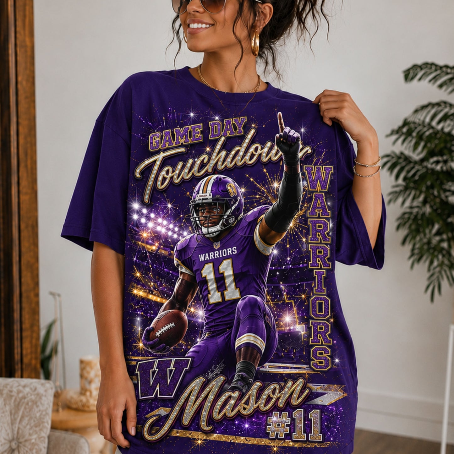 Personalized Football Mom Shirt, Custom Player Photo Name Number, Game Day Glitter Effect Tee, Front Back Football Shirt