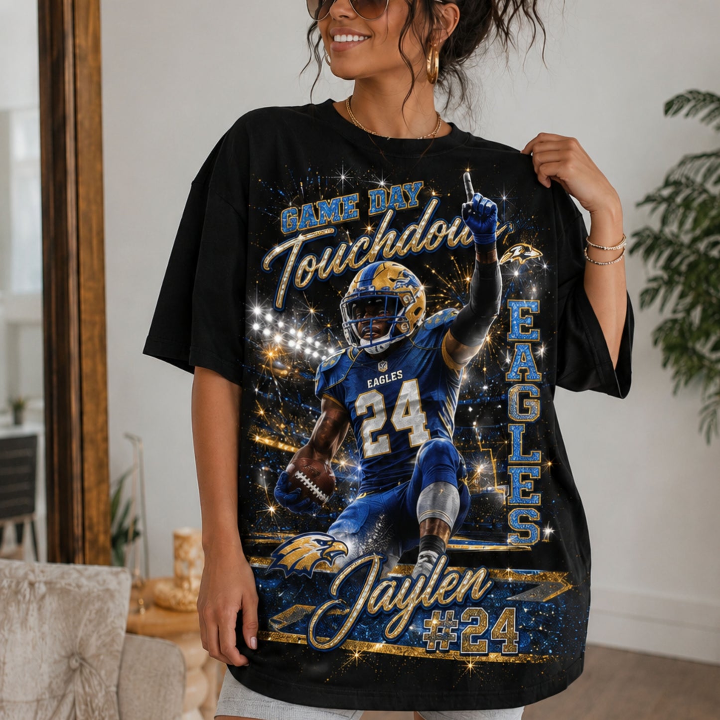 Personalized Football Mom Shirt, Custom Player Photo Name Number, Game Day Glitter Effect Tee, Front Back Football Shirt