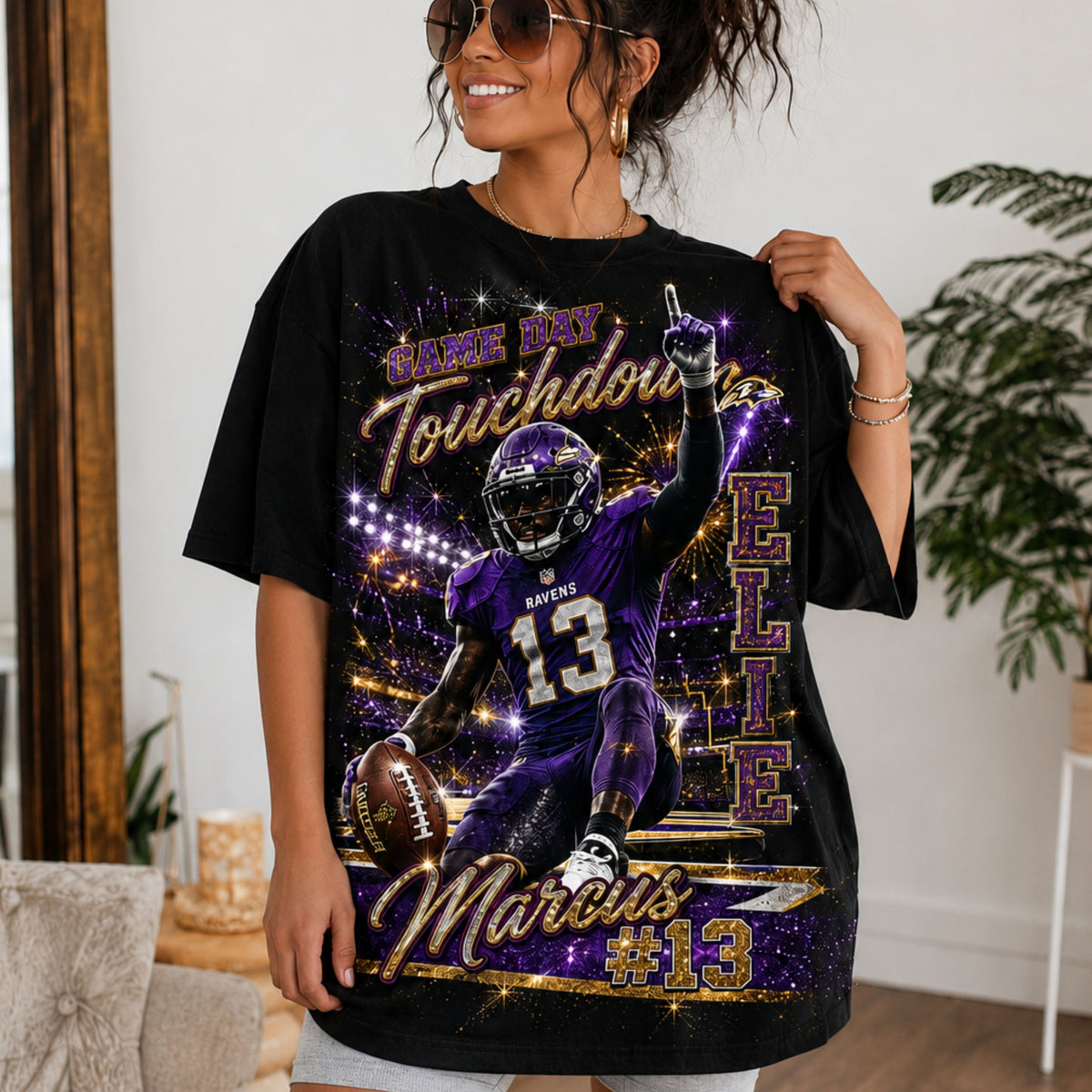 Personalized Football Mom Shirt, Custom Player Photo Name Number, Game Day Glitter Effect Tee, Front Back Football Shirt