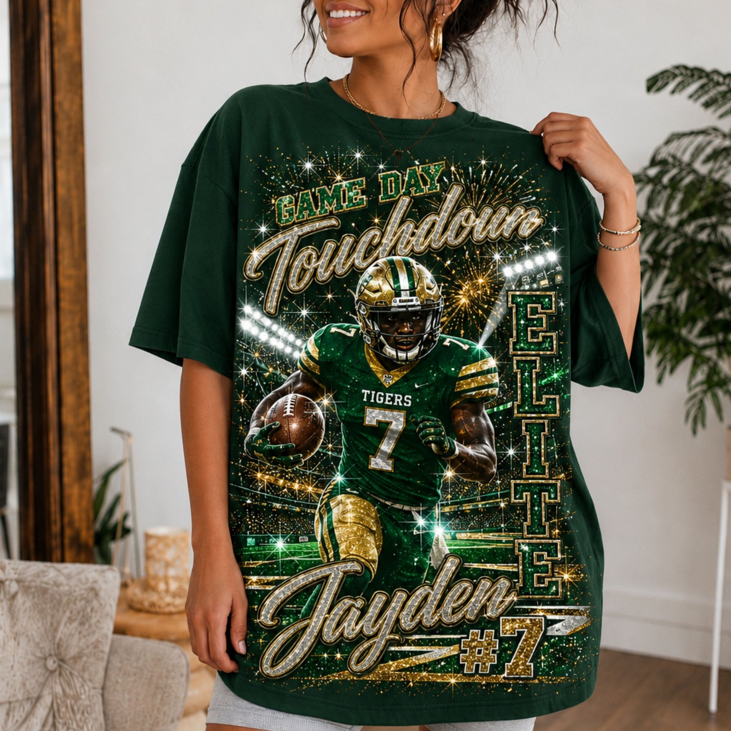 Personalized Football Mom Shirt, Custom Player Photo Name Number, Game Day Glitter Effect Tee, Front Back Football Shirt