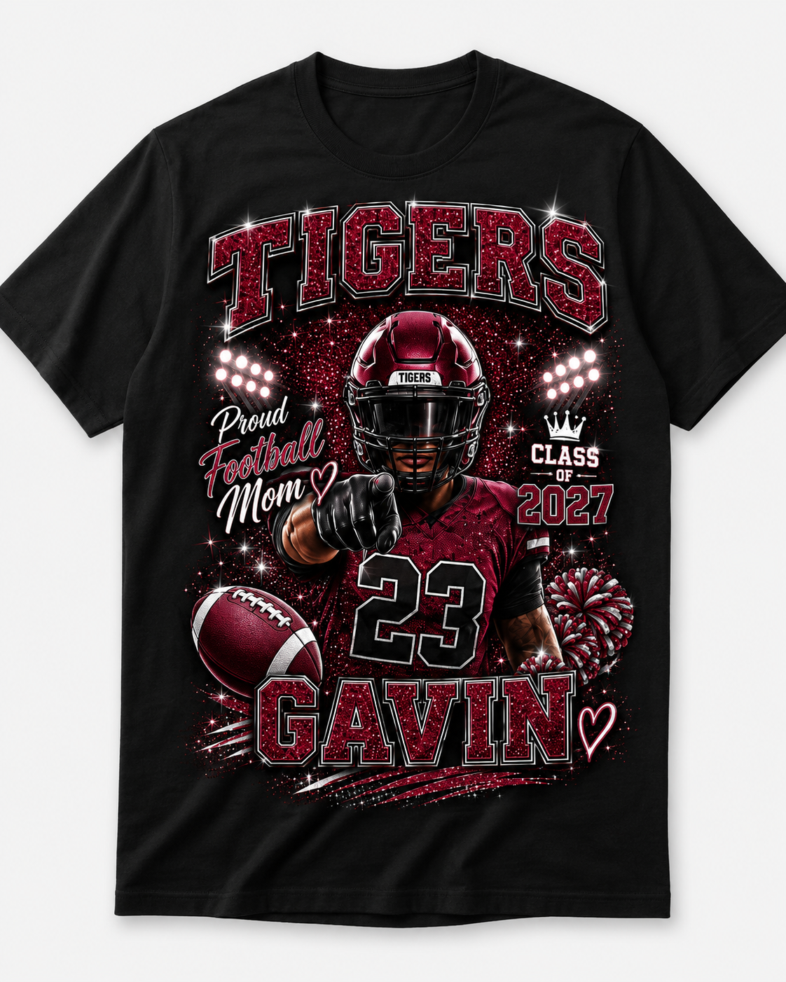 Personalized Senior Football Mom Shirt, Custom Player Name Number Tee, Senior Night Game Day Mom Shirt, Glitter Effect Football Gift