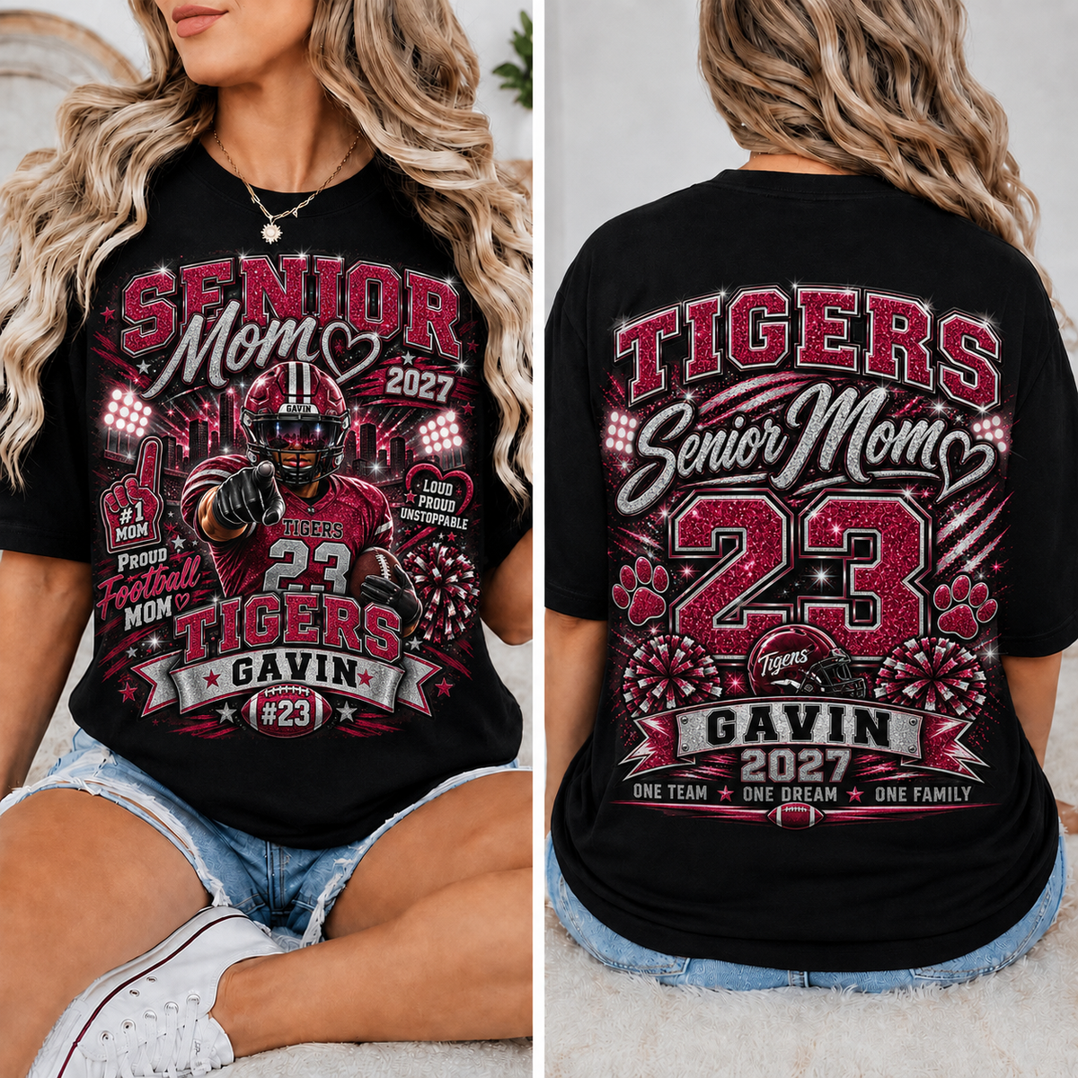 Personalized Senior Football Mom Shirt, Custom Player Name Number Tee, Senior Night Game Day Mom Shirt, Glitter Effect Football Gift