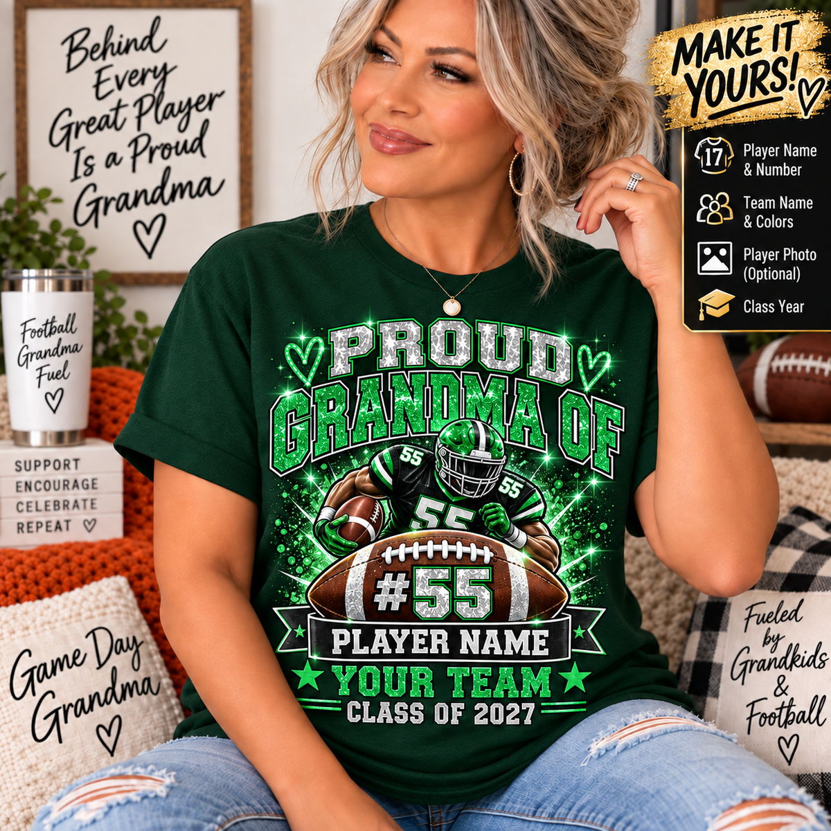 Personalized Football Grandma Shirt  Custom Player Photo, Name & Number, Glitter Effect Proud Grandma Game Day Tee