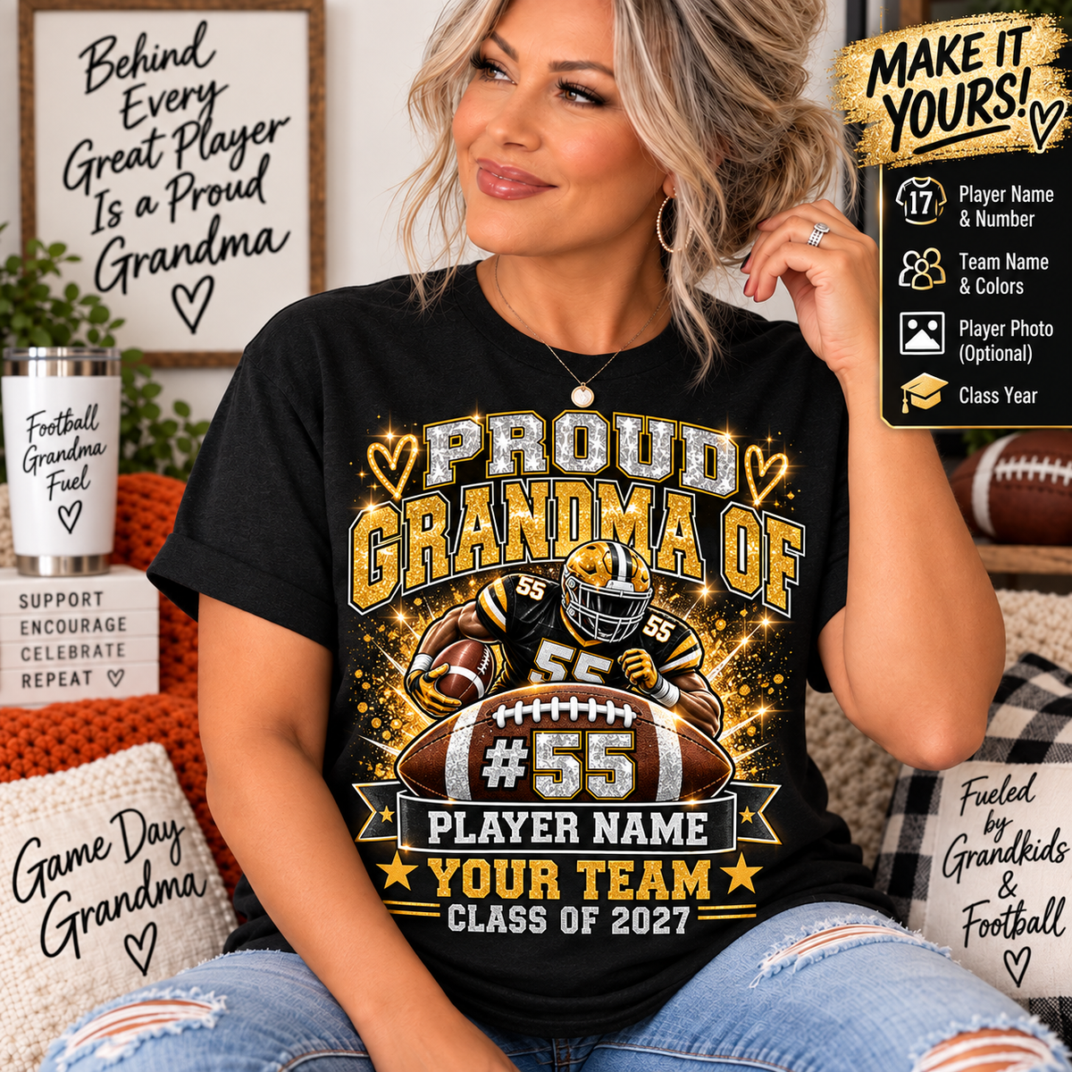 Personalized Football Grandma Shirt  Custom Player Photo, Name & Number, Glitter Effect Proud Grandma Game Day Tee