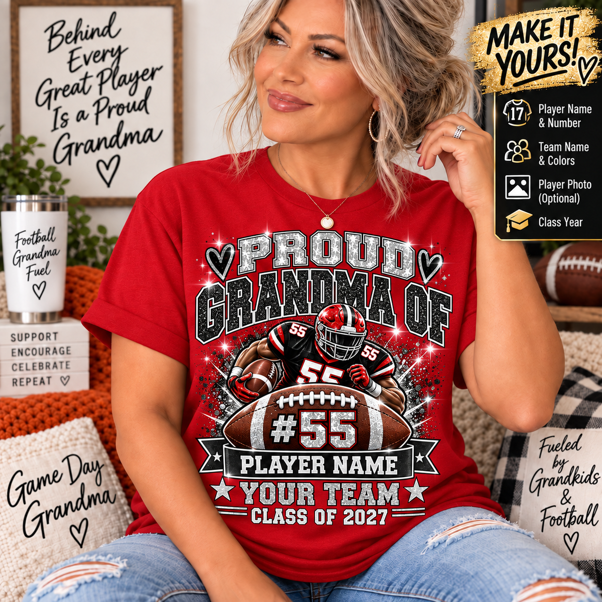 Personalized Football Grandma Shirt  Custom Player Photo, Name & Number, Glitter Effect Proud Grandma Game Day Tee