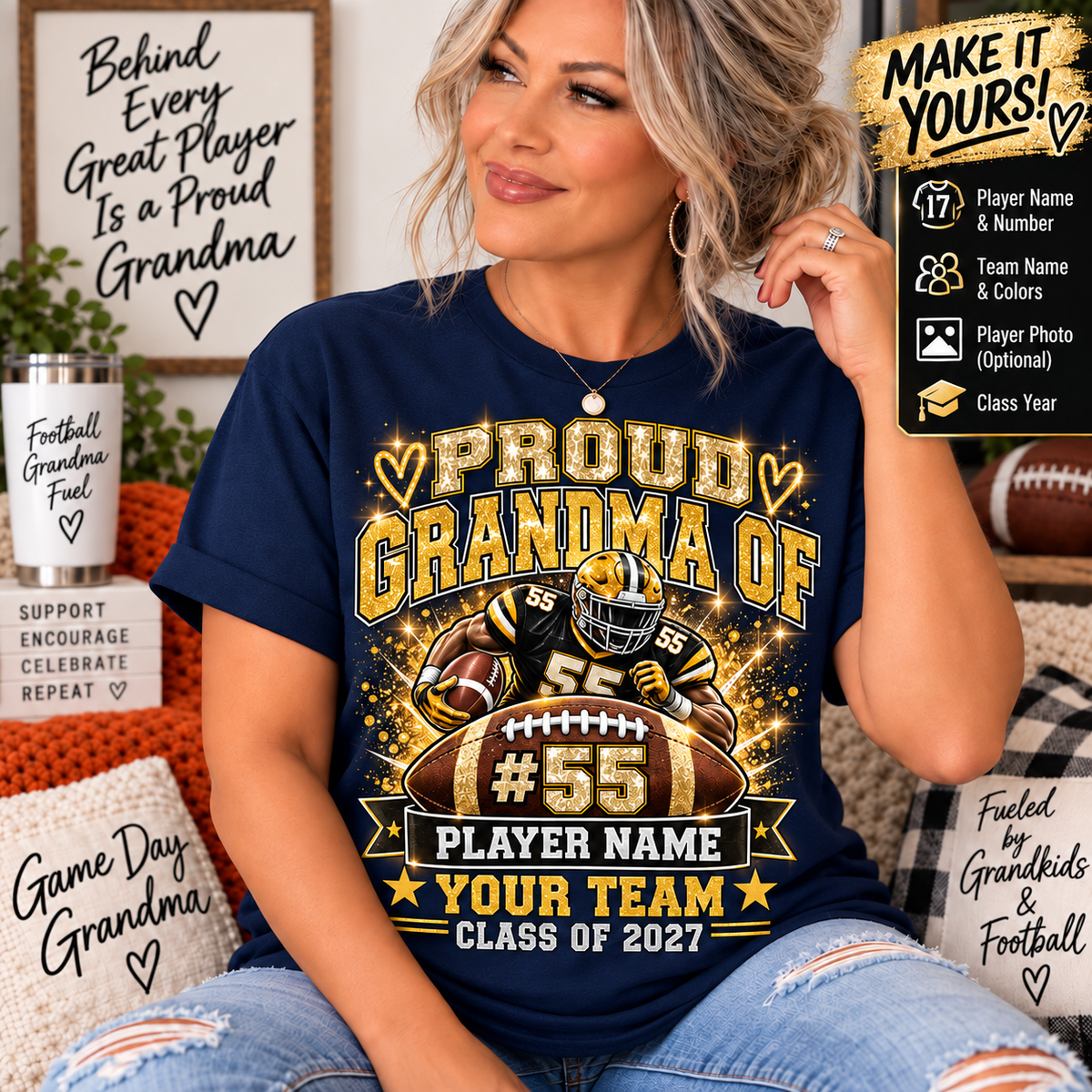 Personalized Football Grandma Shirt  Custom Player Photo, Name & Number, Glitter Effect Proud Grandma Game Day Tee