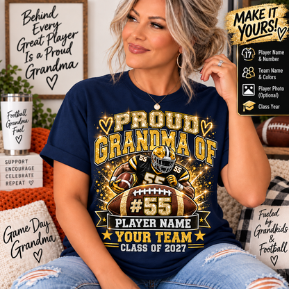 Personalized Football Grandma Shirt  Custom Player Photo, Name & Number, Glitter Effect Proud Grandma Game Day Tee
