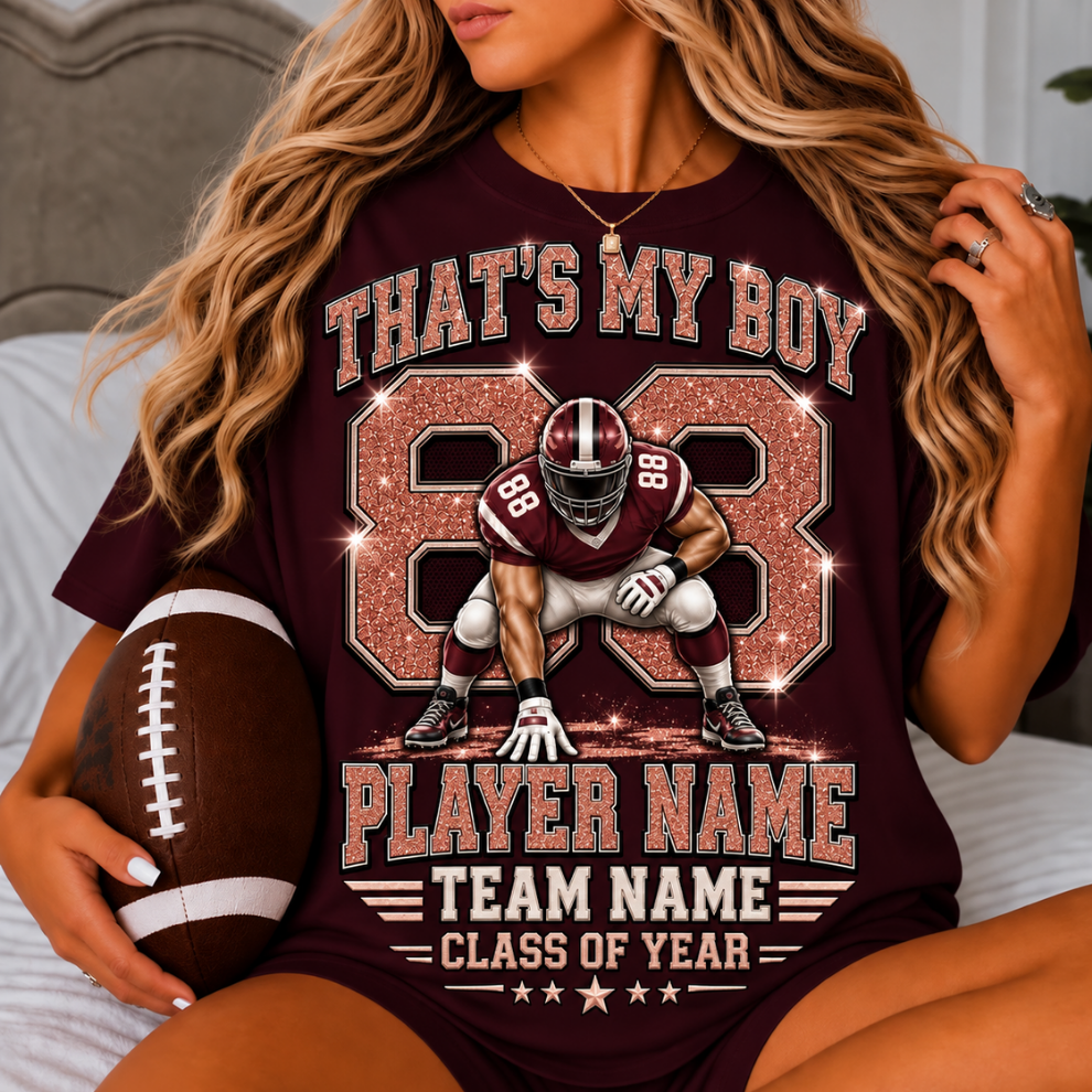 Personalized Football Mom Shirt, That's My Boy Tee, Custom Player Name & Number, Senior Night Gift, Game Day Mom Shirt, Glitter Effect
