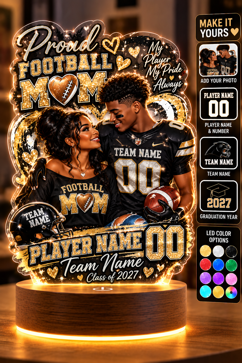 Personalized Football Mom LED Lamp, Custom Player Photo Name & Number, Senior Night Mom Gift
