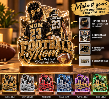 Personalized Football Mom LED Lamp, Custom Player Photo Name & Number, Senior Night Mom Gift