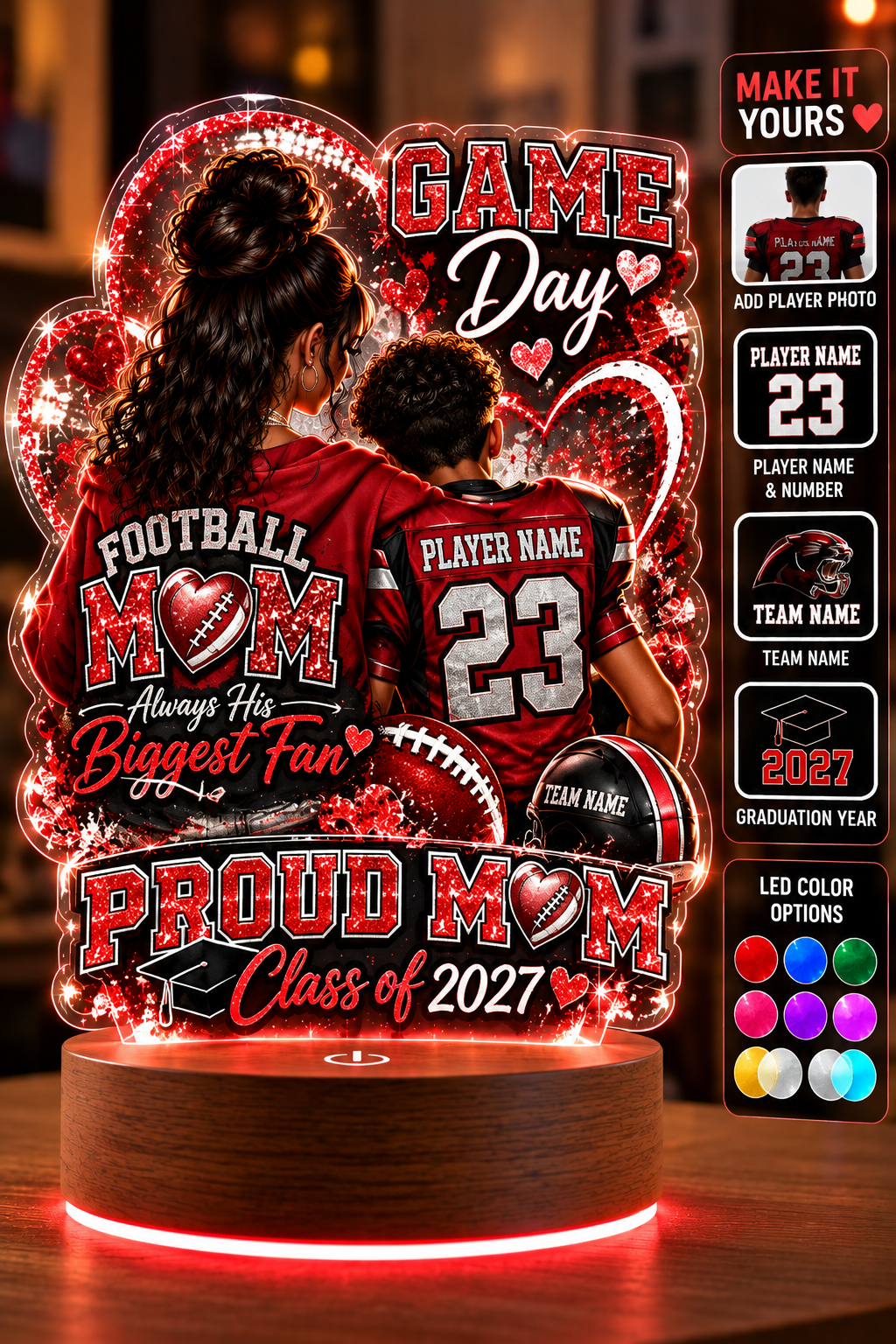 Personalized Football Mom LED Lamp, Custom Player Photo Name & Number, Senior Night Mom Gift