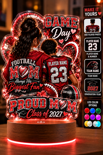 Personalized Football Mom LED Lamp, Custom Player Photo Name & Number, Senior Night Mom Gift