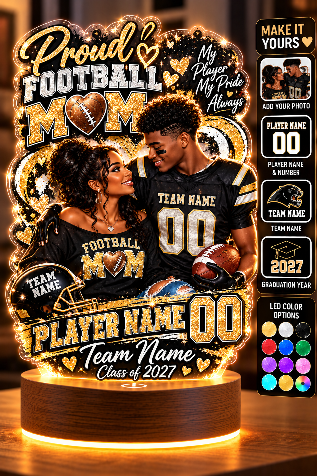 Personalized Football Mom LED Lamp, Custom Player Photo Name & Number, Senior Night Mom Gift