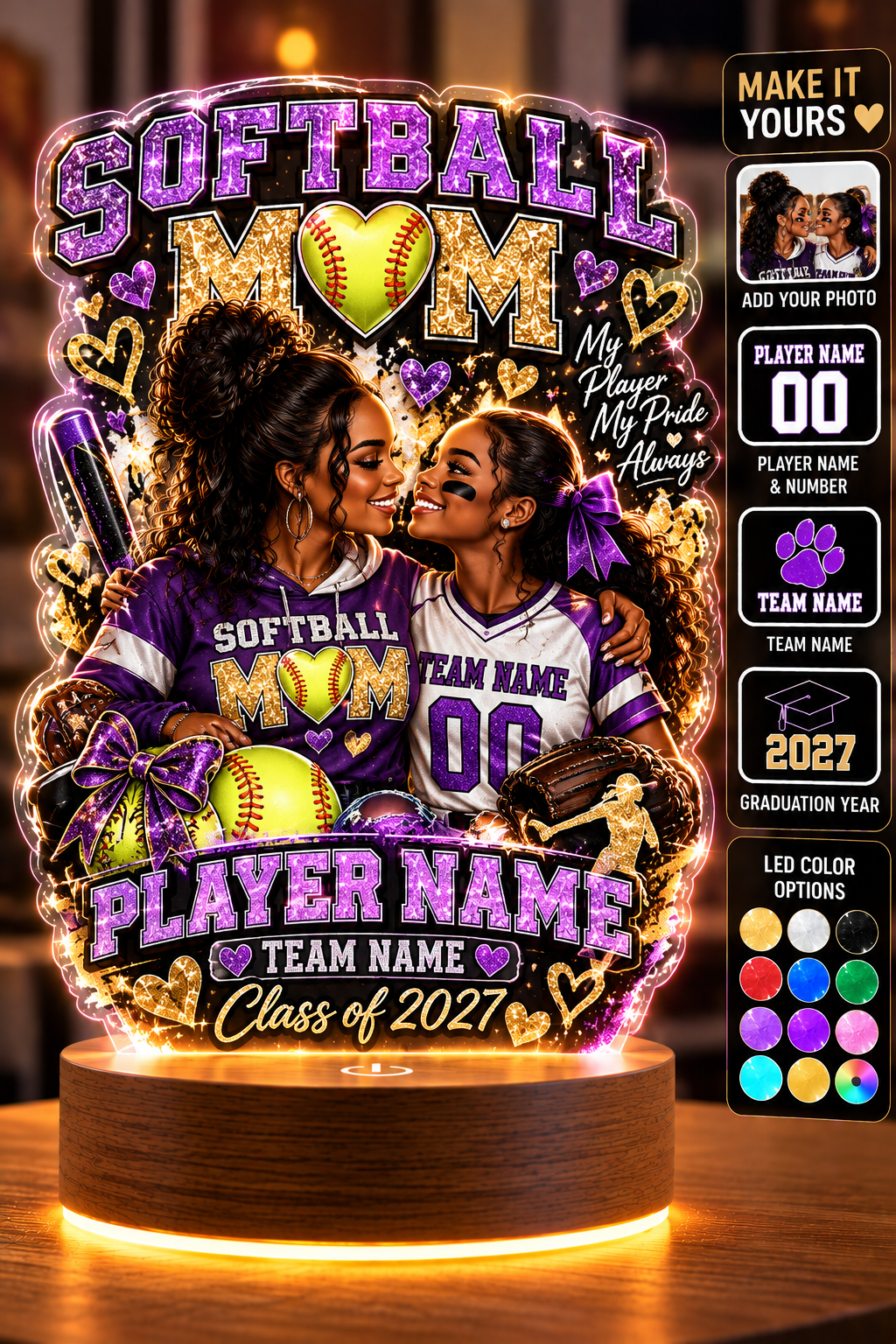 Personalized Football Mom LED Lamp, Custom Player Photo Name & Number, Senior Night Mom Gift