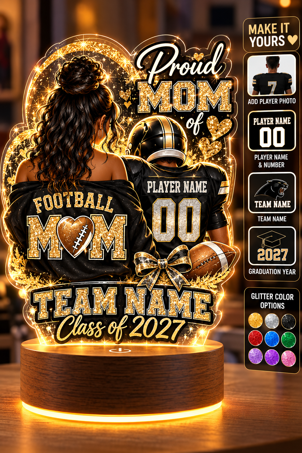 Personalized Football Mom LED Lamp, Custom Player Photo Name & Number, Senior Night Mom Gift