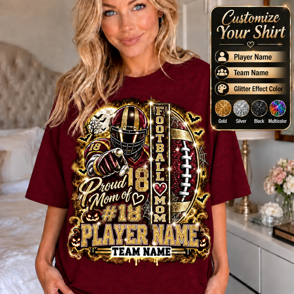 Personalized Halloween Football Mom Shirt, Proud Mom of Player, Custom Player Name Team Name Number, Glitter Effect Game Day Mom Tee