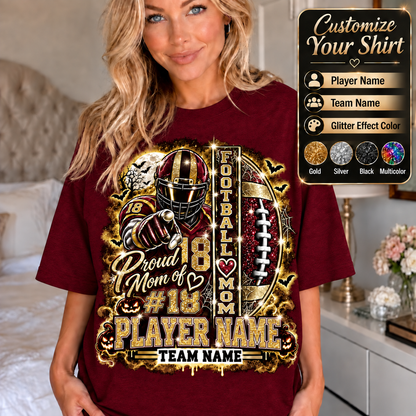 Personalized Halloween Football Mom Shirt, Proud Mom of Player, Custom Player Name Team Name Number, Glitter Effect Game Day Mom Tee