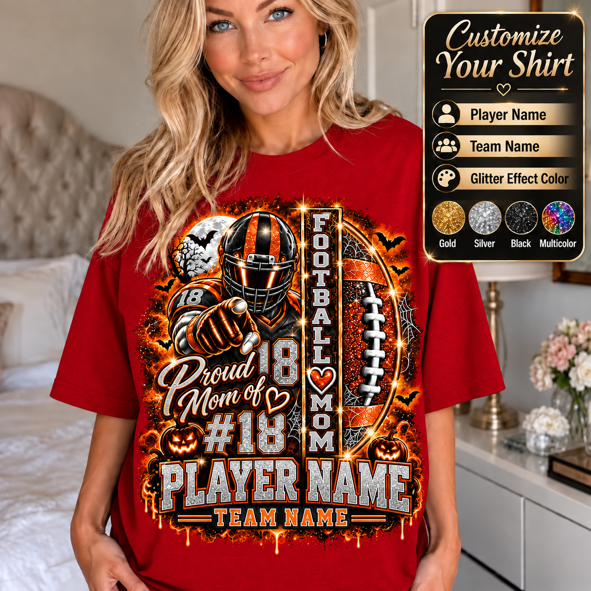 Personalized Halloween Football Mom Shirt, Proud Mom of Player, Custom Player Name Team Name Number, Glitter Effect Game Day Mom Tee
