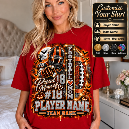 Personalized Halloween Football Mom Shirt, Proud Mom of Player, Custom Player Name Team Name Number, Glitter Effect Game Day Mom Tee
