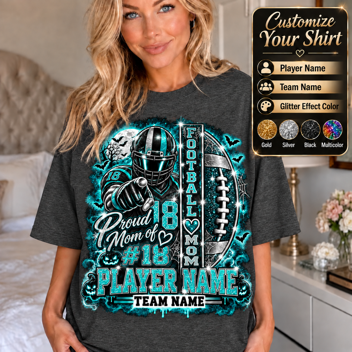 Personalized Halloween Football Mom Shirt, Proud Mom of Player, Custom Player Name Team Name Number, Glitter Effect Game Day Mom Tee