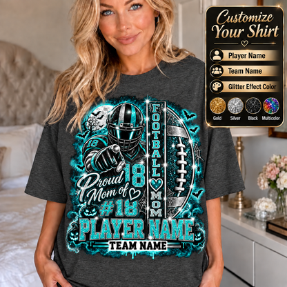 Personalized Halloween Football Mom Shirt, Proud Mom of Player, Custom Player Name Team Name Number, Glitter Effect Game Day Mom Tee